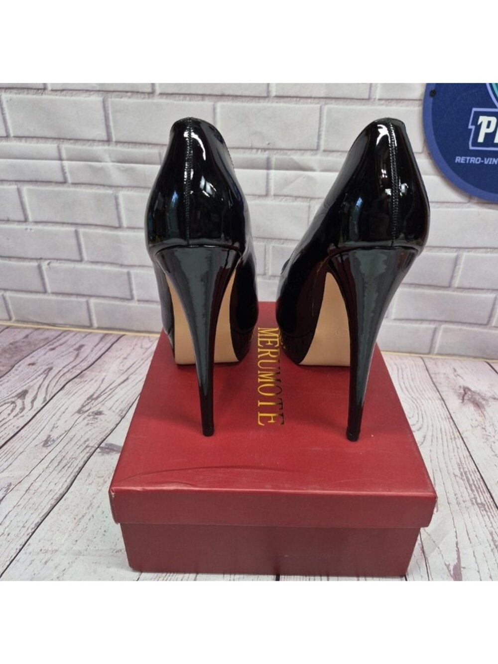 Merumote Black Patent Platform Stiletto Heels Peep Toe W/ Box Size 7.5 - Picture 3 of 7